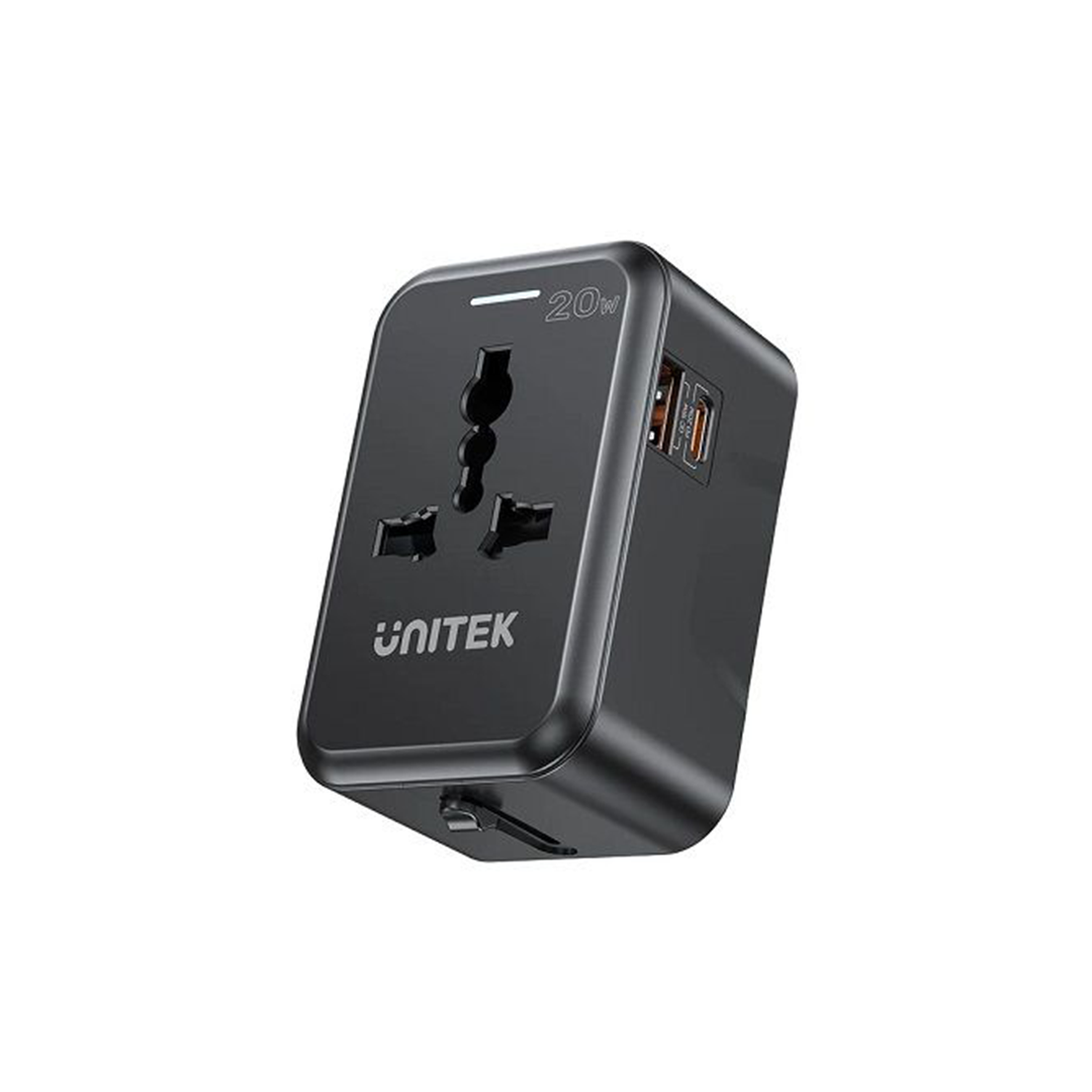 Unitek P1120ABK 20W Universal Travel Power Adapter (USB-C PD + USB-A QC3.0) with EU/UK/US/AU Plugs - Black in Qatar Unitek P1120ABK 20W Universal Travel Power Adapter (USB-C PD + USB-A QC3.0) with EU/UK/US/AU Plugs - Black in Qatar